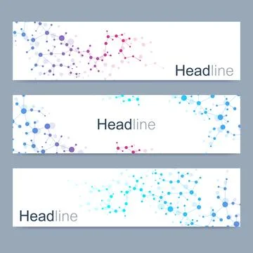 Scientific set of modern vector banners. DNA molecule structure with connec.. Illustrazione stock