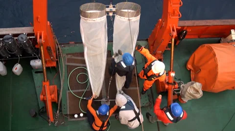 Scientific taking samples of an ocean microorganisms from a Bongo nets Stock Footage 36462737