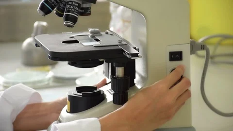 Scientist adjusting microscope and lens eye piece for microbiology test in lab Stock Footage 87446858