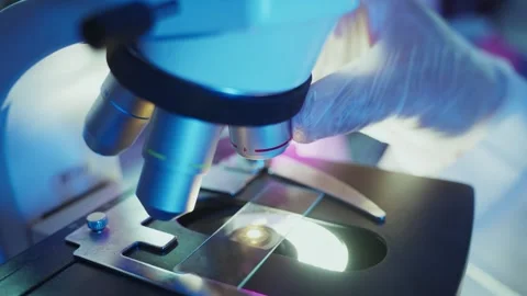 Scientist adjusting microscope lenses for precise observation in laboratory Stock Footage 304889418