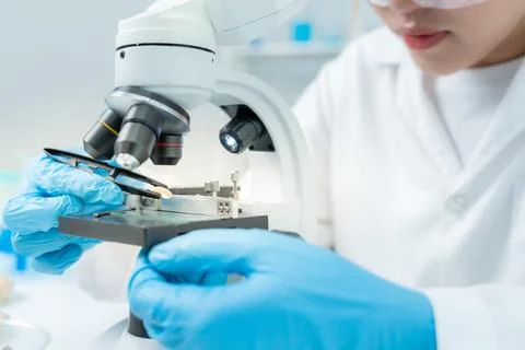 Scientist analyze biochemical samples in advanced scientific laboratory. Me.. Stock Photos