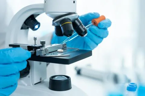 Scientist analyze biochemical samples in advanced scientific laboratory. Me.. Stock Photos