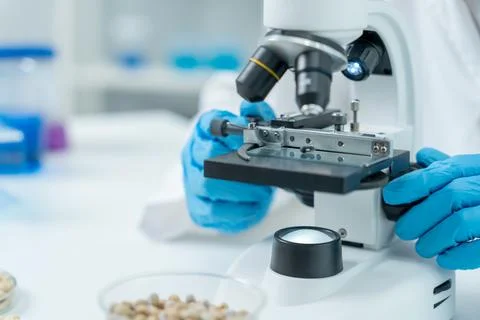 Scientist analyze biochemical samples in advanced scientific laboratory. Me.. Stockfoto's