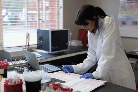 Scientist analyzing blood samples and data on laptop in laboratory, copy space Stock Photos