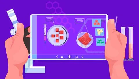 Scientist analyzing cultured red raw meat on tablet pc screen artificial lab イラスト素材