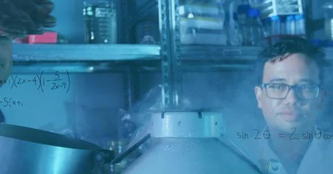 Scientist analyzing data on glass in laboratory with scientific equipment 스톡 일러스트