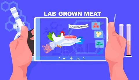 Scientist analyzing dna of cultured chicken meat on tablet pc screen artificial Illustrazione stock