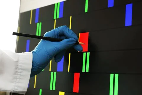 Scientist analyzing DNA data in laboratory, closeup Foto stock