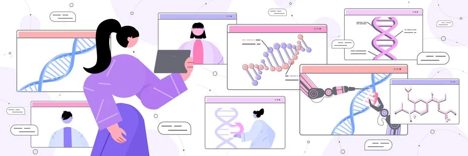 Scientist analyzing DNA structure in web browser window researcher making Illustrazione stock