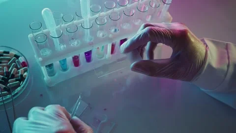 Scientist analyzing liquid in laboratory with test tubes and petri dish Stock Footage 306587896