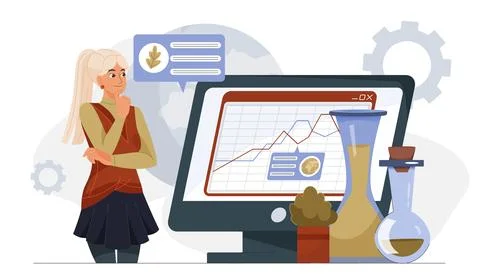 Scientist analyzing plant-based research data on computer screen. 스톡 일러스트