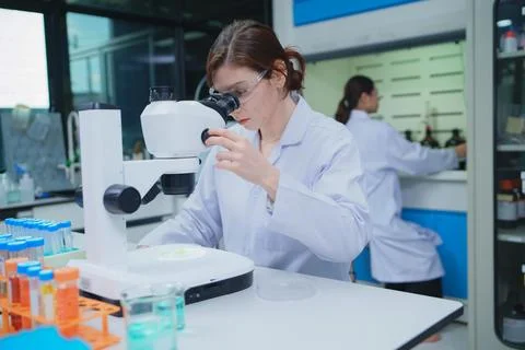 Scientist Analyzing Samples with Microscope in a Laboratory Fotos de archivo