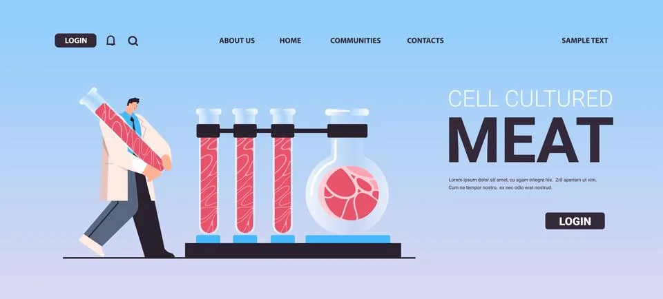 Scientist analyzing test tubes with cultured red raw meat made from animal cells イラスト素材