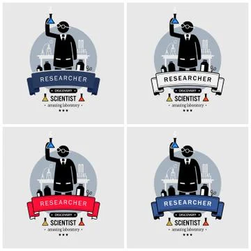 Scientist and lab logo design. Vector artwork of professor or researcher find Stock-Illustration