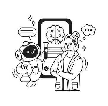 Scientist and Robot Collaborating on AI Project Stock Illustration