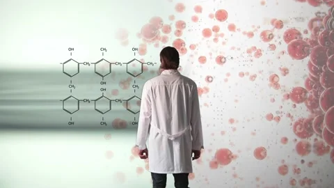 A scientist. Back view. It is followed by graphic images of the crystal lattice Stock Footage 233030466