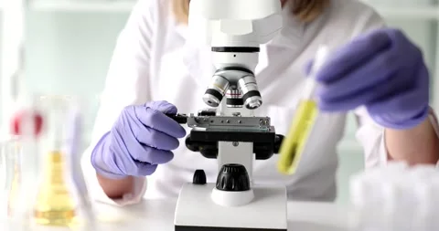 Scientist biologist adjusts microscope to examine toxic liquids Stock Footage 234609512