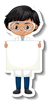 Scientist boy holding empty board cartoon character sticker Stock Illustration