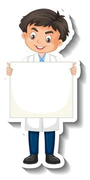 Scientist boy holding empty board cartoon character sticker Stock Illustration