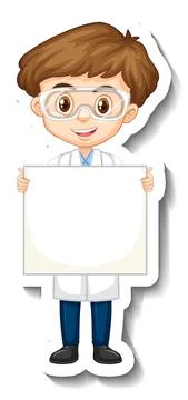 Scientist boy holding empty board in sticker style Illustrazione stock