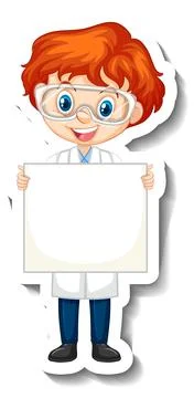 Scientist boy holding empty board in sticker style Stock Illustration