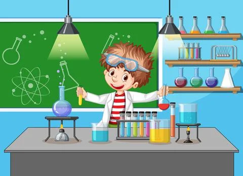 Scientist boy in laboratory room background 스톡 일러스트