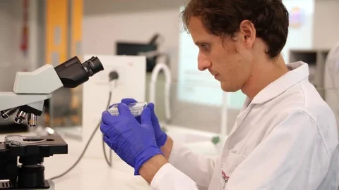 Scientist checking cells and putting under microscope Stock Footage 127148996