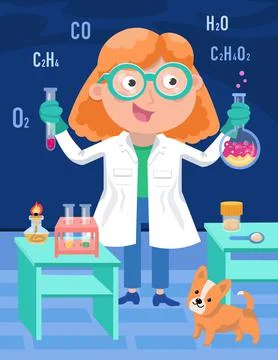 Scientist chemist among the objects. Microscope with mirror in cartoon flat Stock Illustration