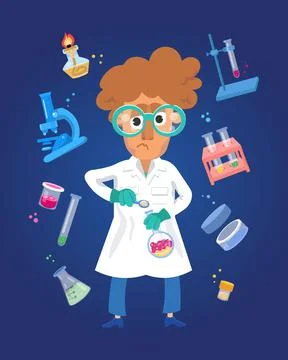 Scientist chemist among the objects. Microscope with mirror in cartoon flat Stock Illustration