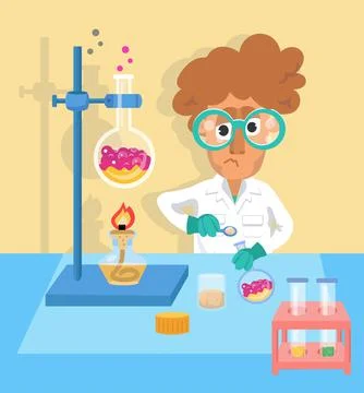 Scientist chemist among objects. Tools in lab in cartoon flat style. Medical Ilustração Stock