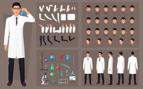 Scientist, Chemist, character Creation Set with Man wearing White Lab Coat Stock Illustration