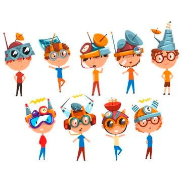 Scientist children working on physics science experiment set, boy in fantastic Stock Illustration