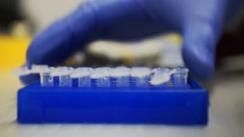 Scientist closes test tubes in laboratory. research, clinic, genetic, medical Stock-Footage 86035298