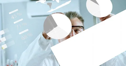 Scientist comparing yellow and clear tubes as animated data charts rising around Stock Footage 310427804