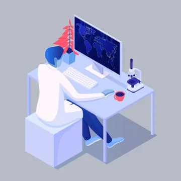 Scientist at computer isometry. Scientific character behind pc observes world Stockillustratie
