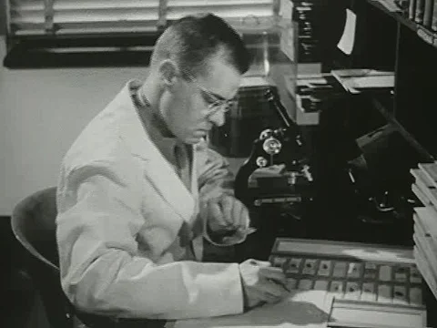 Scientist conduct experiment in Armed force institute of pathology - 1952 Stock Footage 97592820