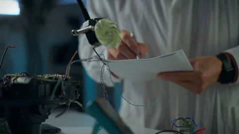 Scientist conducting experiments in a laboratory with robotic components and Stock Footage 291426070