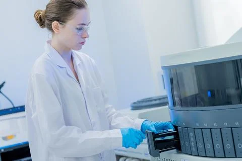 Scientist conducts analysis using advanced laboratory equipment in a modern.. Stock Photos