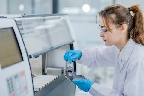 Scientist conducts experiment in laboratory using equipment to analyze samp.. Stockfoto's