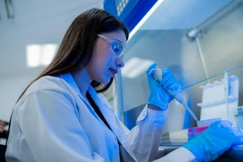 Scientist conducts experiments in laboratory using pipette for precise meas.. Stock Photos
