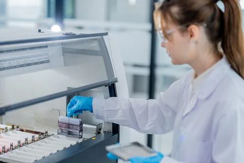 Scientist conducts experiments in laboratory using testing equipment to ana.. Stockfoto's