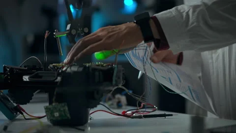 A scientist conducts experiments with robotic equipment in a research lab du Stock Footage 323723702