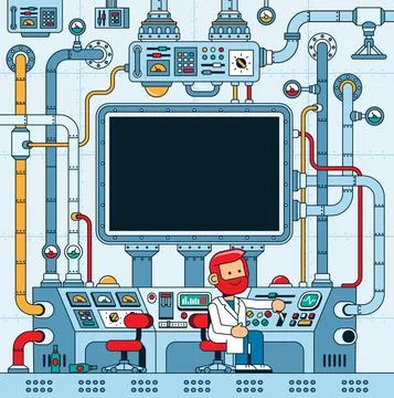 Scientist in control room with dashboard panels Illustrazione stock