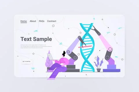 Scientist controlling robotic hands working with DNA researcher making Stock Illustration