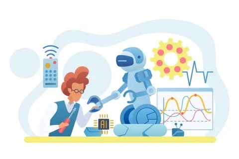 Scientist creating robot flat vector illustration Stock Illustration