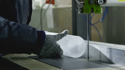 Scientist cutting a core sample of ice in a laboratory for research. Close Stock Footage 116321106