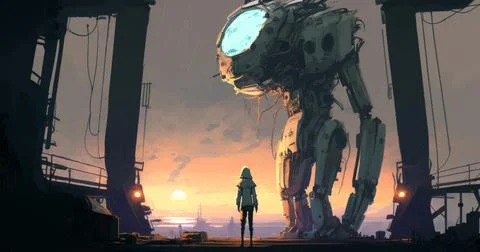 A scientist is depicted standing and looking at a gigantic laboratory robot.. Stock Illustration