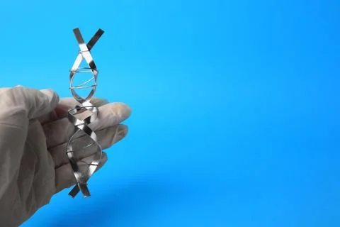 Scientist with DNA molecular chain model made of metal on blue background, .. Photos