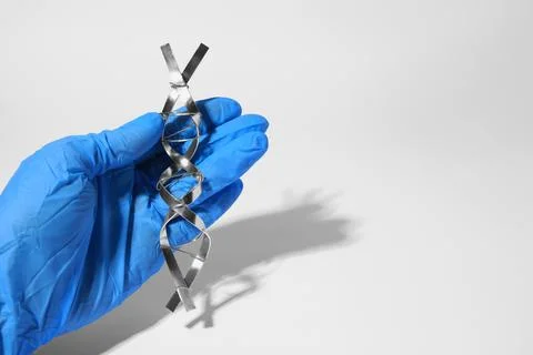 Scientist with DNA molecular chain model made of metal on white background,.. 写真素材