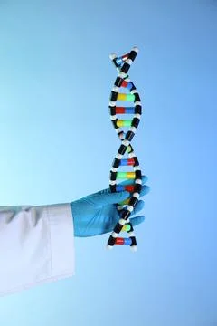 Scientist with DNA structure model on color background, closeup Stock Photos